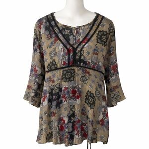 Dressbarn Multicolor Patterned V-Neck Tunic Sheer Overlay Size Large